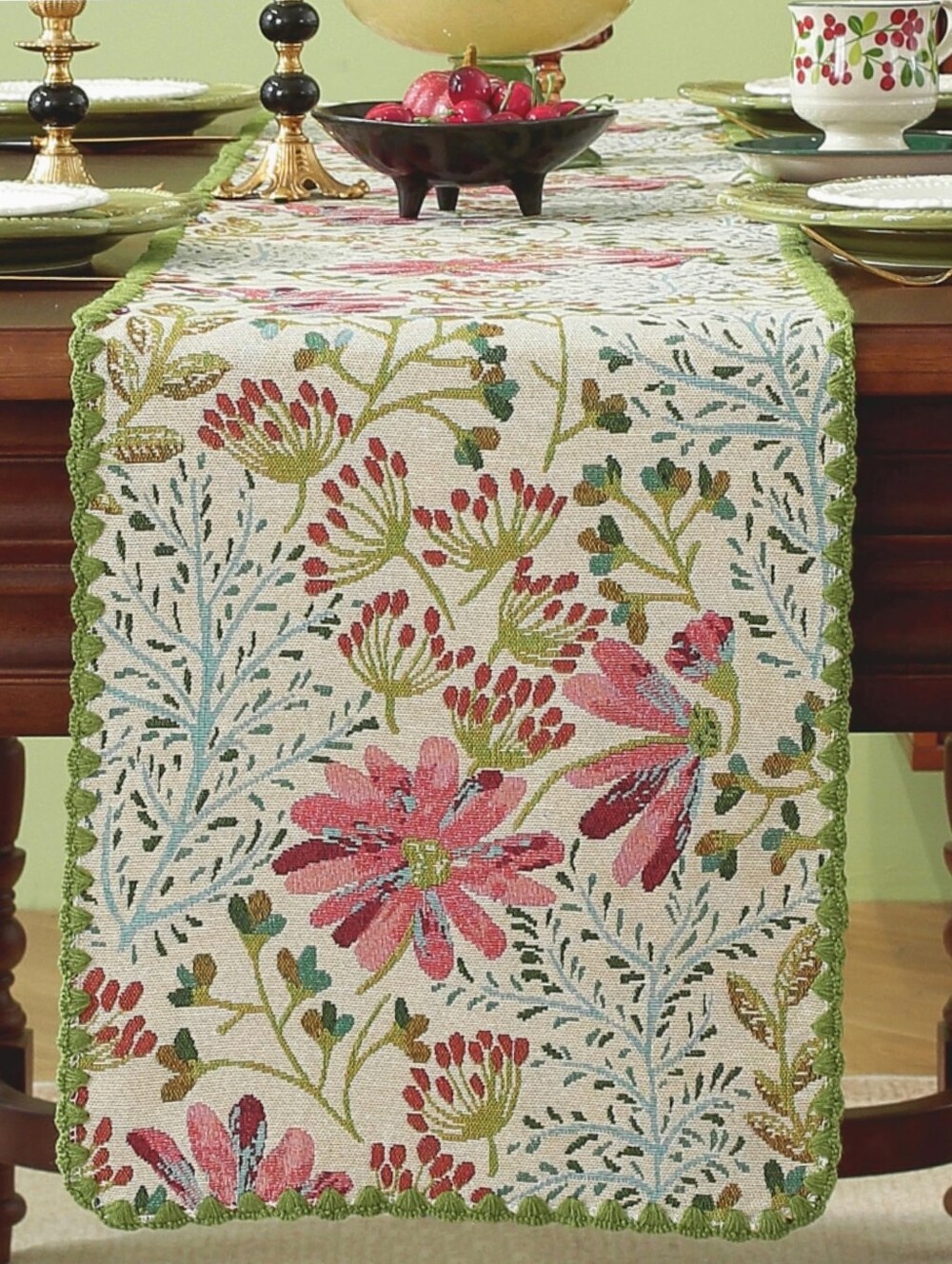 NWT 12"x82" Botanical Floral Jauard Woven Table Runner With Embroidered Edge